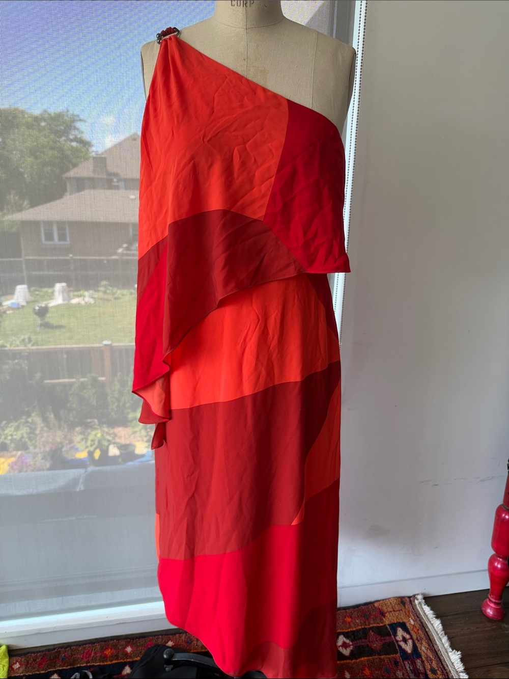 Halston Heritage Red and Orange One-Shoulder Layered Dress